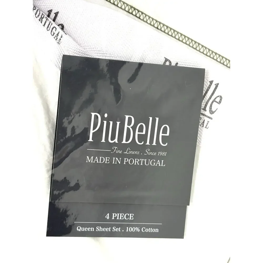 Piu Belle White Queen Sheet Set 100% Cotton Olive Green Hemstitch Border Trim